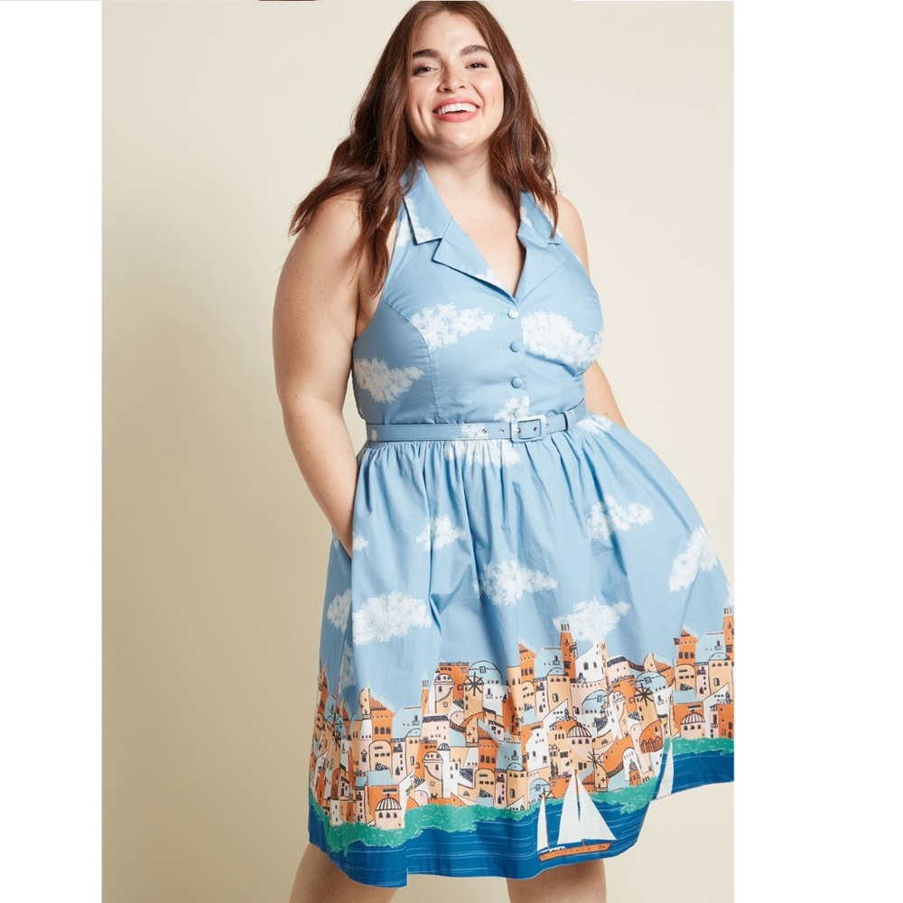 Modcloth Greek Skyline Border Print Halter Dress with Belt - Picture 1 of 16